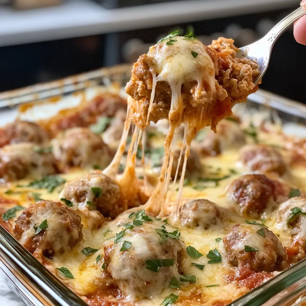 Close-up of Dump and Bake Meatball Casserole with bubbly cheese and herbs.