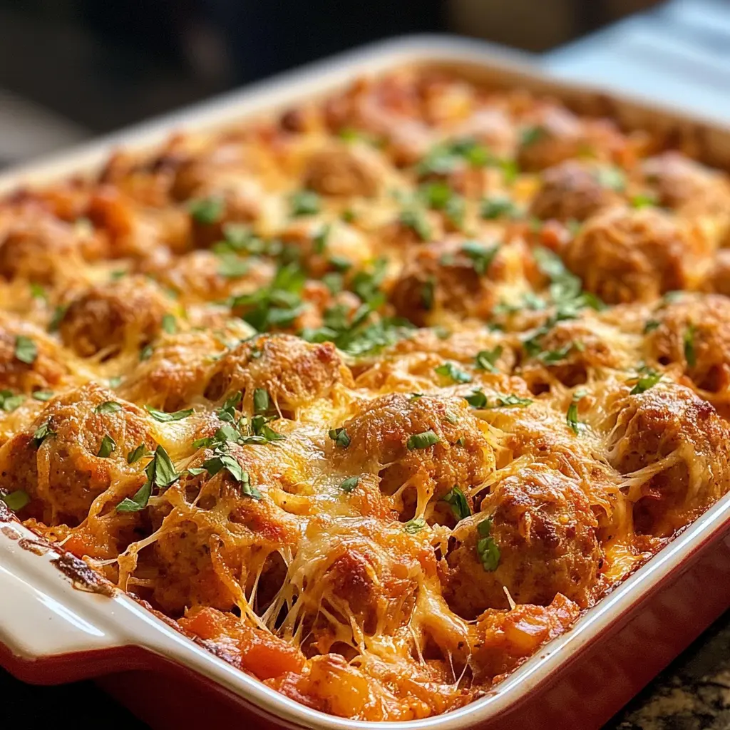 Cheesy Dump and Bake Meatball Casserole fresh from the oven with golden melted cheese.