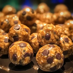 Close-up of Energy Balls rolled in shredded coconut on a wooden board.