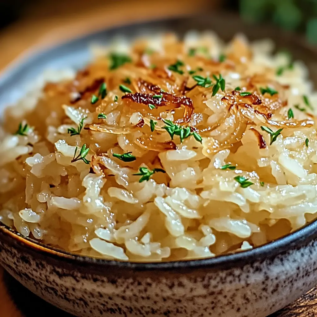 Creamy French Onion Rice served in a rustic bowl, topped with caramelized onions.