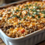 Ground Beef and Rice Casserole, topped with melted cheese and ready to serve.