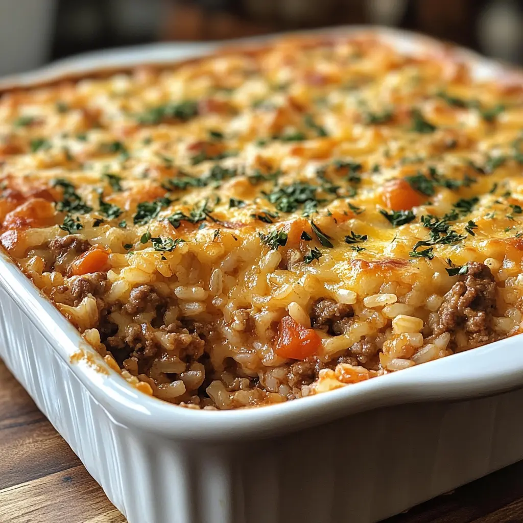 Hot and cheesy Ground Beef and Rice Casserole, fresh from the oven.