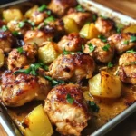 Plated Hawaiian chicken sheet pan meal with rice and fresh herbs