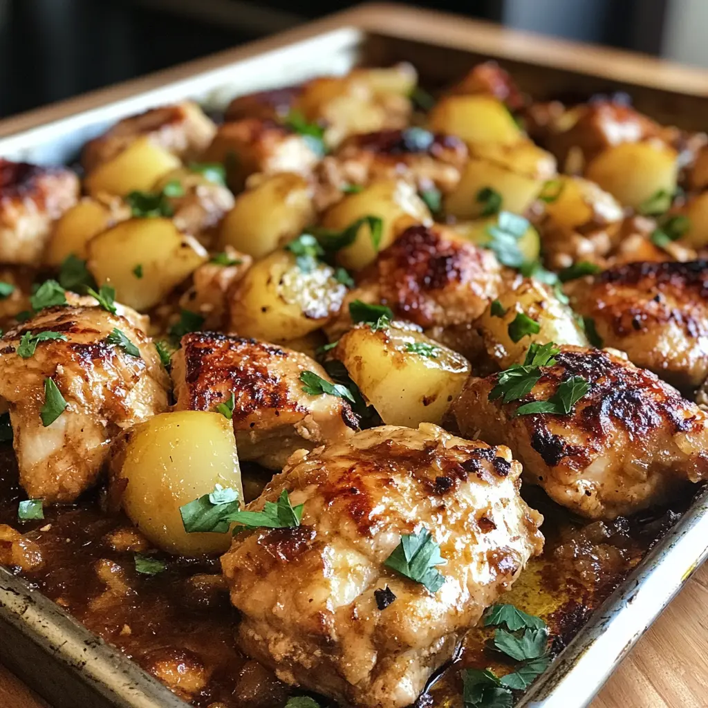 Sheet pan with Hawaiian chicken, pineapple, and bell peppers fresh from the oven