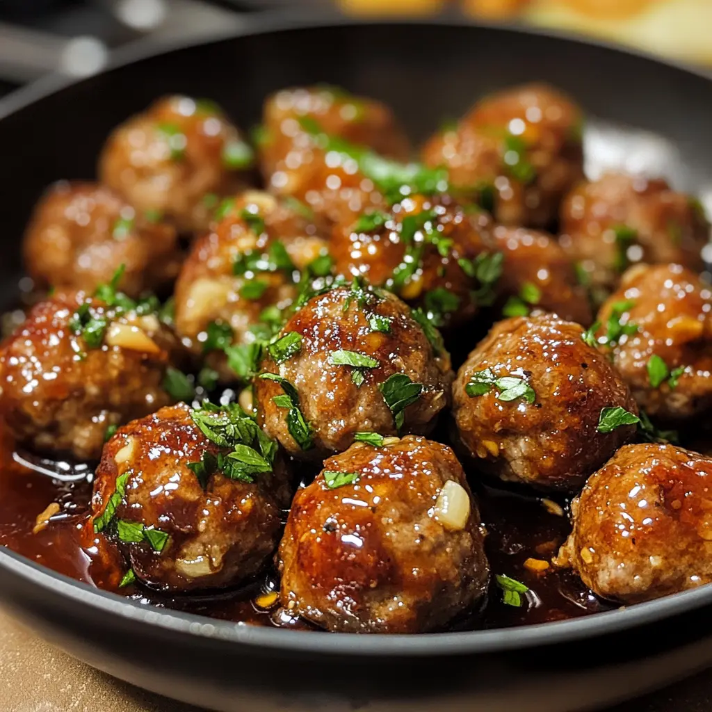 Glazed Honey Garlic Meatballs in a skillet garnished with sesame seeds and green onions.