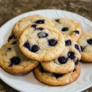 Close-up of Lemon Blueberry Cookies stacked on a plate with fresh blueberries.