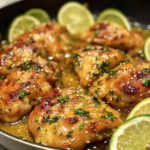 Close-up of seared Lime Chicken with a fresh lime glaze and herbs.