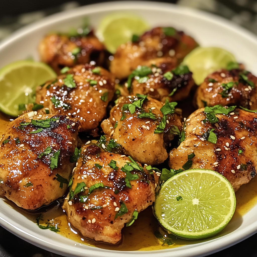 Grilled Lime Chicken breasts garnished with lime wedges and fresh herbs.