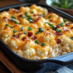 Loaded Cauliflower Casserole with cheese, bacon, and green onions.