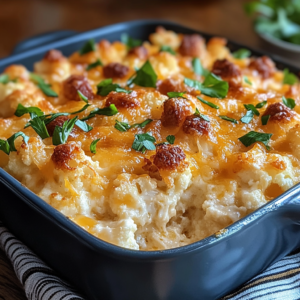 Golden-brown Loaded Cauliflower Casserole served in a baking dish.