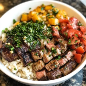Colorful Mediterranean Steak Bowl served with rice, salad, and grilled steak.