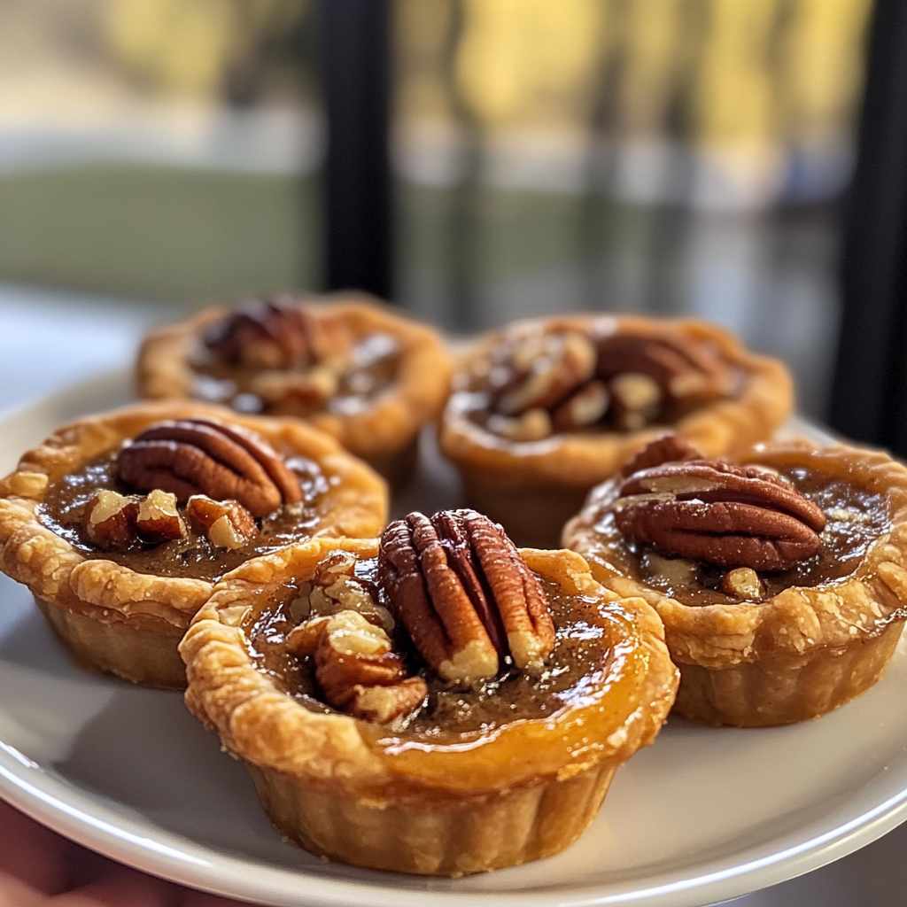 Close-up of Mini Pecan Pies on a serving plate with pecans on top.