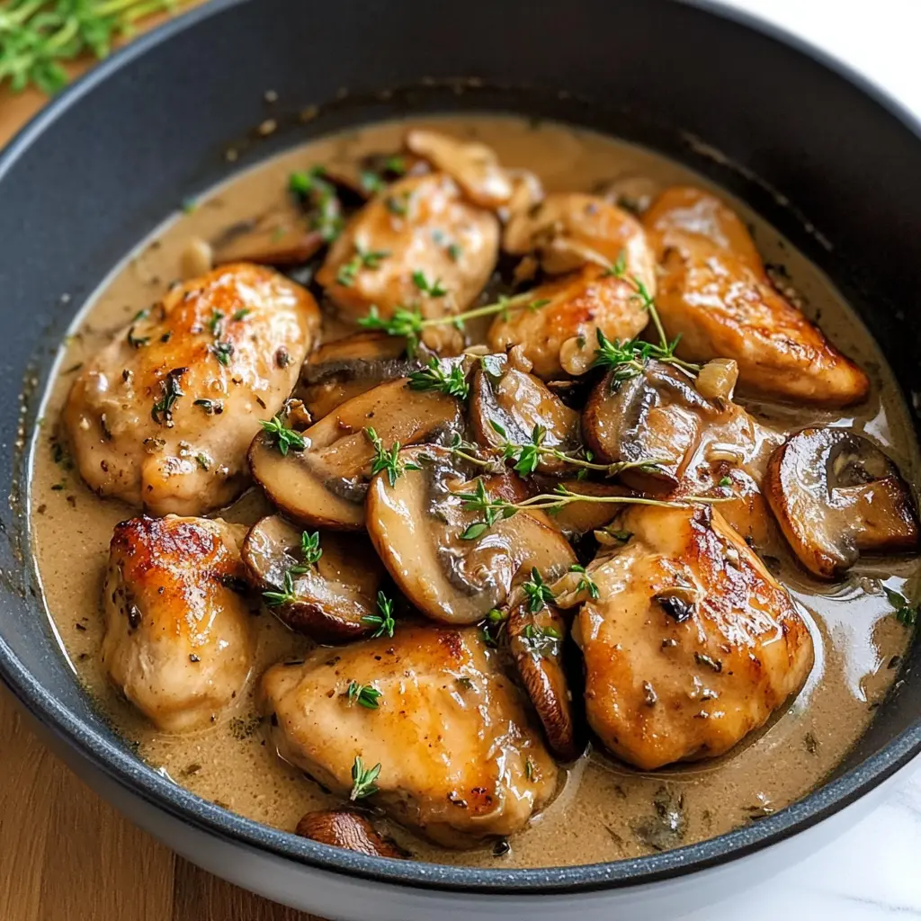 Creamy Mushroom Chicken served in a skillet with herbs and garlic.