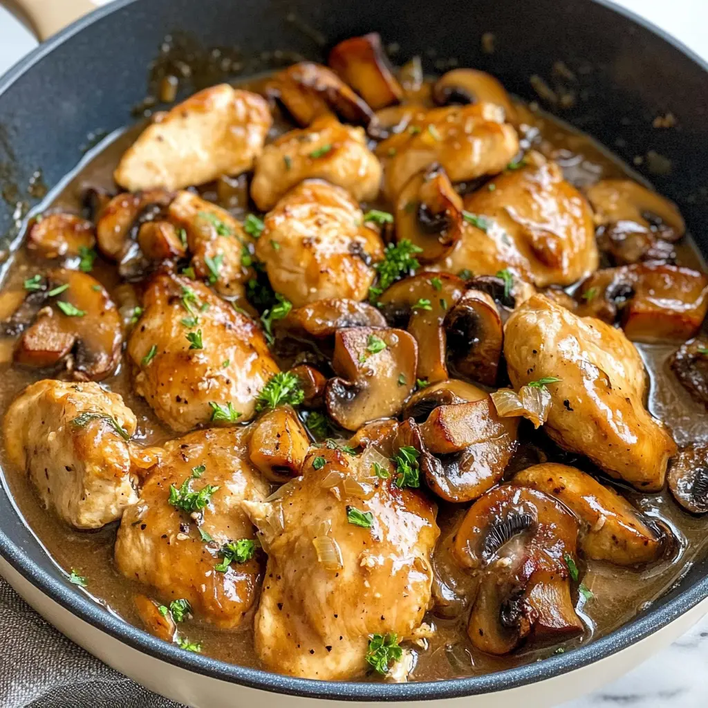 Golden Mushroom Chicken topped with fresh parsley and sautéed mushrooms.