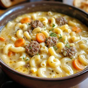 Creamy One Pot Macaroni Cheeseburger Soup with ground beef, pasta, and melted cheddar cheese.