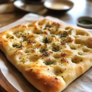 Freshly baked Parmesan Focaccia Bread, sliced into squares, with olive oil and balsamic vinegar on the side.