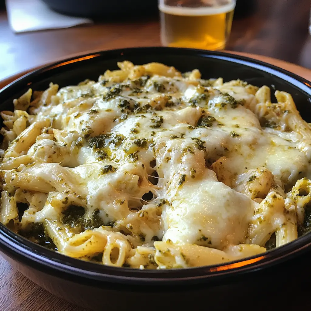 Creamy Pesto Mozzarella Pasta with melted cheese and fresh basil on top.