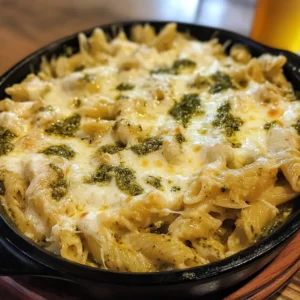 A bowl of Pesto Mozzarella Pasta with gooey cheese and bright green pesto.