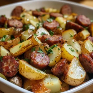 Roasted potato and sausage bites served with herbs on a white plate.