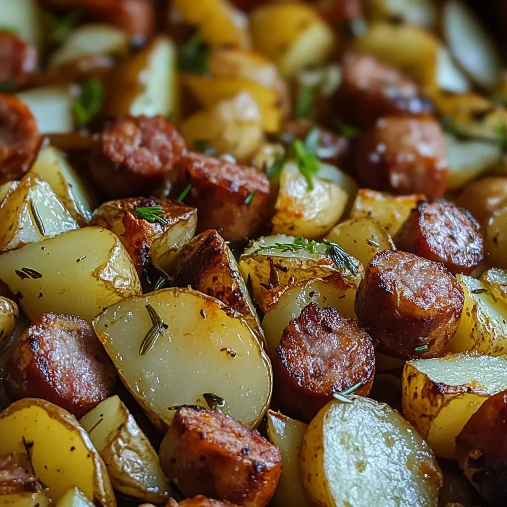 Skillet filled with golden potatoes and browned sausage slices garnished with herbs.