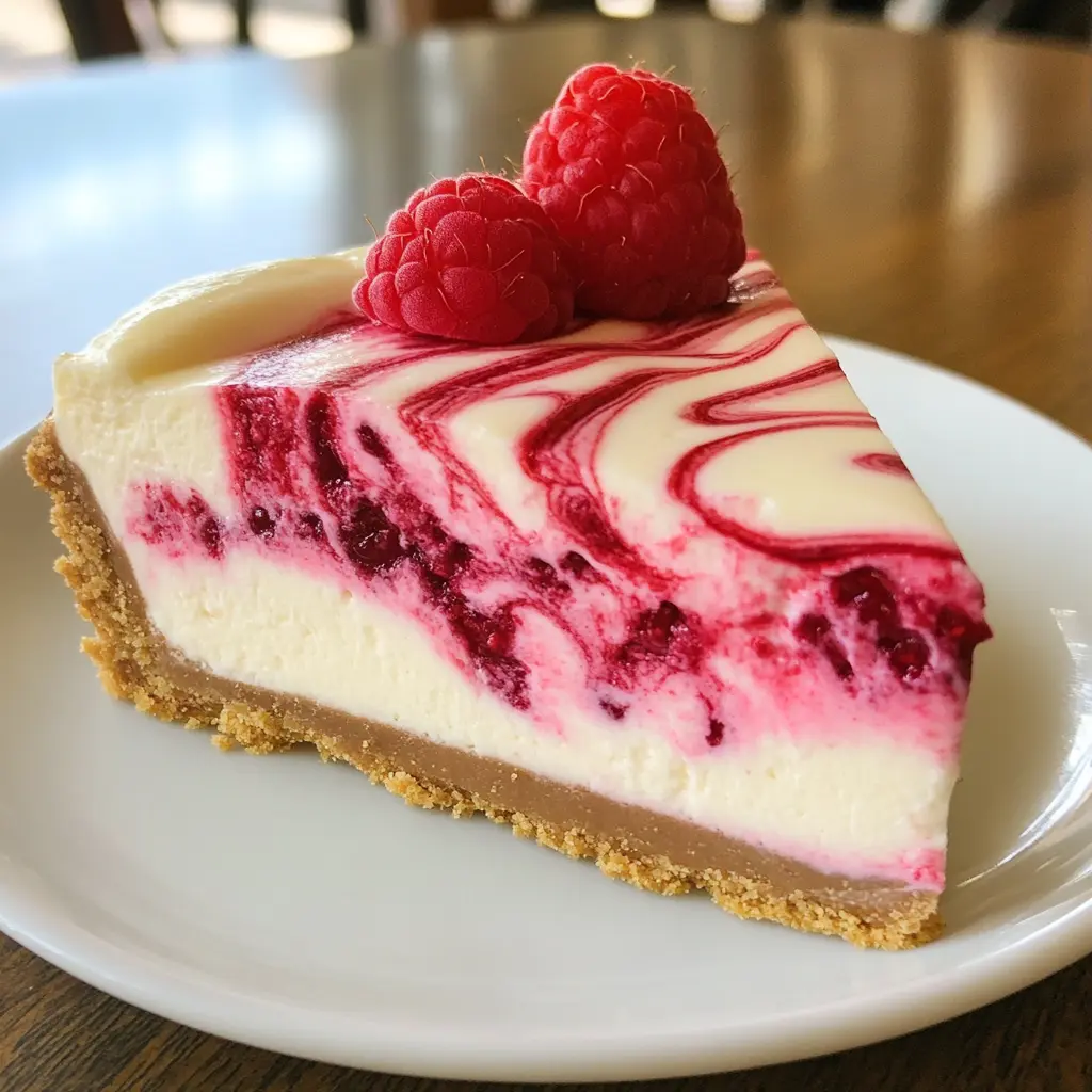 A whole Raspberry Swirl Cheesecake topped with fresh raspberries and a glossy swirl, served on a white plate.