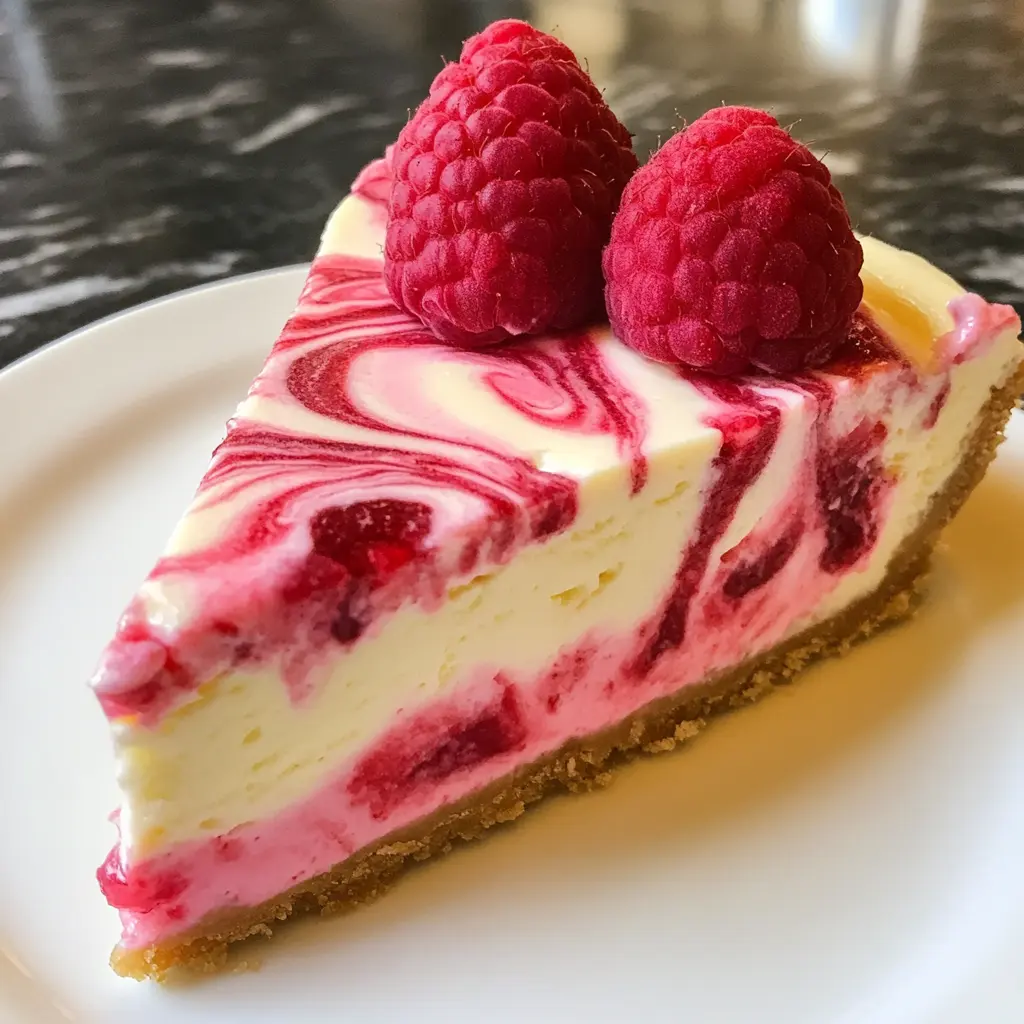 A slice of Raspberry Swirl Cheesecake with a creamy texture, vibrant raspberry swirls, and a golden graham cracker crust.