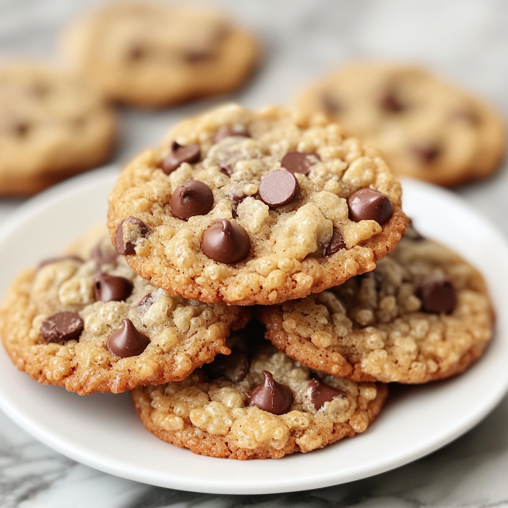 Close-up of Rice Krispie Chocolate Chip Cookies stacked on a plate.