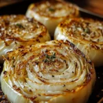 Roasted Cabbage Steaks on a baking tray with crispy golden edges.