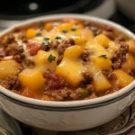 Slow Cooker Cowboy Casserole with ground beef, beans, and melted cheese.