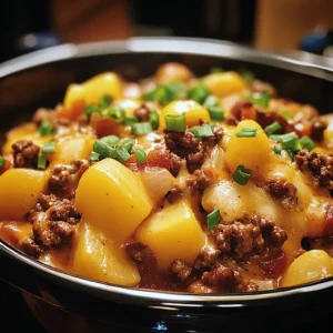 Hearty Slow Cooker Cowboy Casserole served hot and topped with cheese.