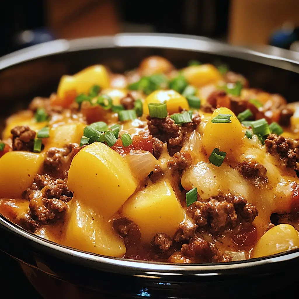 Hearty Slow Cooker Cowboy Casserole served hot and topped with cheese.