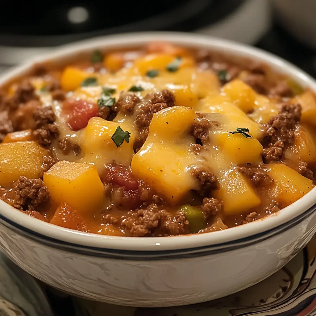 Slow Cooker Cowboy Casserole with ground beef, beans, and melted cheese.