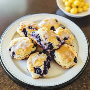 Close-up of Sweet Blueberry Biscuits topped with glaze and fresh blueberries.