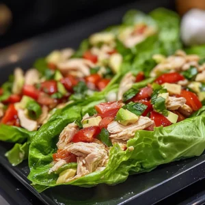 Close-up of Thai Chicken Lettuce Wraps on a plate with dipping sauce.