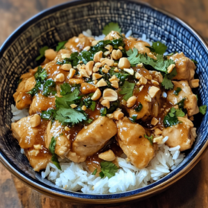 Juicy Thai Peanut Chicken garnished with peanuts and cilantro.