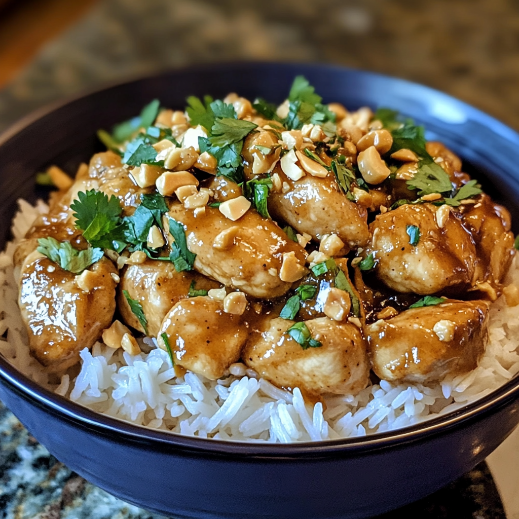 Creamy Thai Peanut Chicken served with rice and fresh herbs.