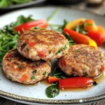 Close-up of tuna cakes stacked on a wooden board, garnished with parsley.