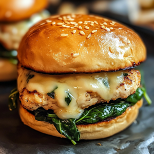 Close-up of a white cheddar and spinach chicken burgers with a toasted bun and crispy lettuce.