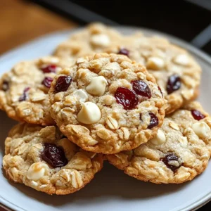 White Chocolate Oatmeal Cranberry Cookies on a rustic plate with a glass of milk.