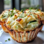 Close-up of Zucchini Potato Muffins stacked on a wooden board with herbs.