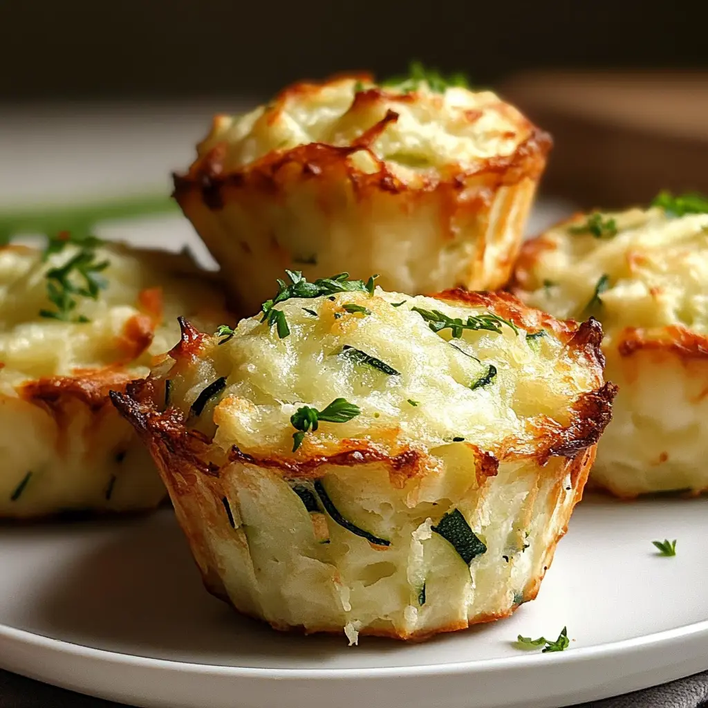 Zucchini Potato Muffins with golden tops and flecks of green zucchini on a cooling rack.