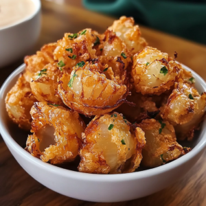 Close-up of crispy blooming onion bites with a side of zesty dipping sauce.