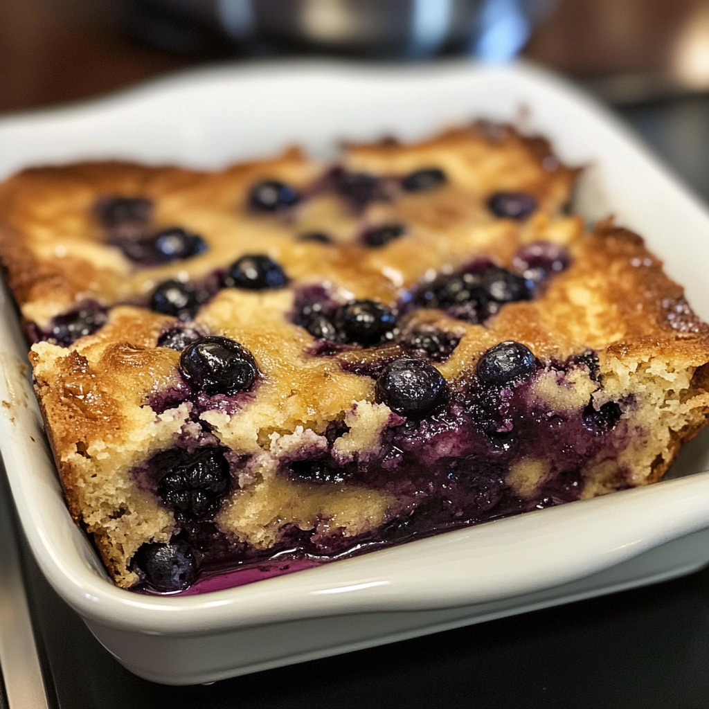 Close-up of Blueberry Pancake Casserole with syrup drizzled on top.