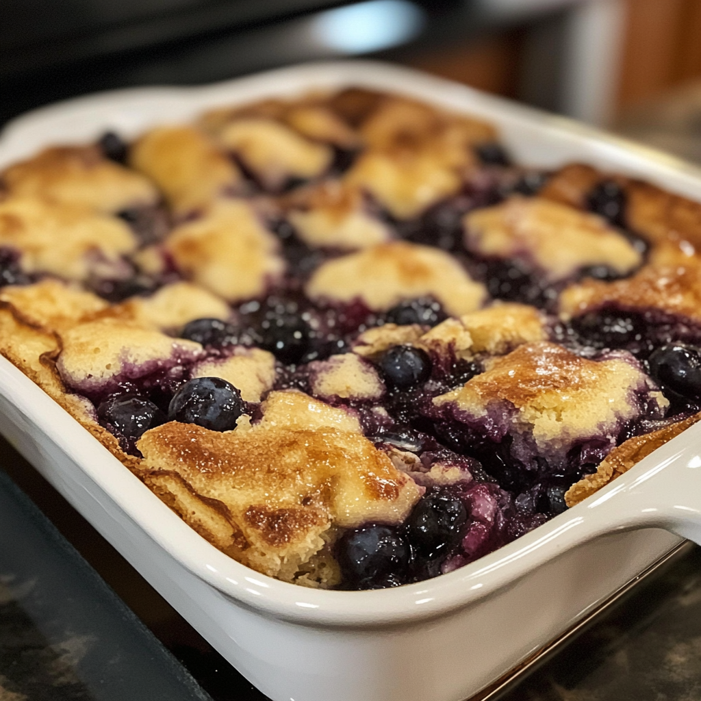 Golden-brown Blueberry Pancake Casserole topped with fresh berries and syrup.