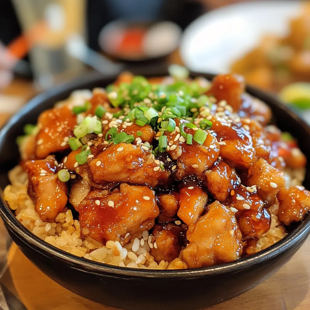 Bowl of copycat Orange Chicken served with rice and garnished with sesame seeds.