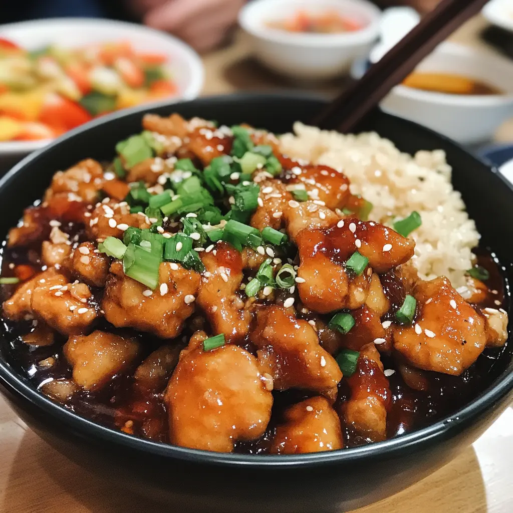 A delicious plate of copycat Orange Chicken featuring golden fried bites in a glossy orange glaze.