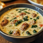 A steaming bowl of creamy parmesan Italian sausage soup topped with fresh parsley and served with crusty bread.
