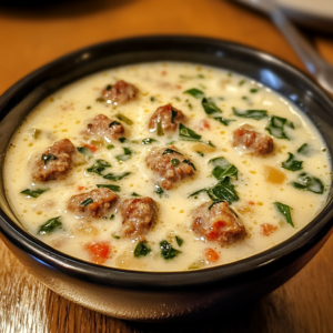 A hearty bowl of creamy parmesan Italian sausage soup with fresh parmesan and a side of toasted garlic bread.