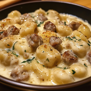 Close-up of creamy gnocchi and sausage in a skillet with a creamy parmesan sauce.