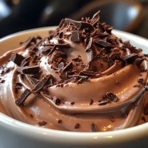 Spoon dipping into a jar of whipped chocolate mousse.